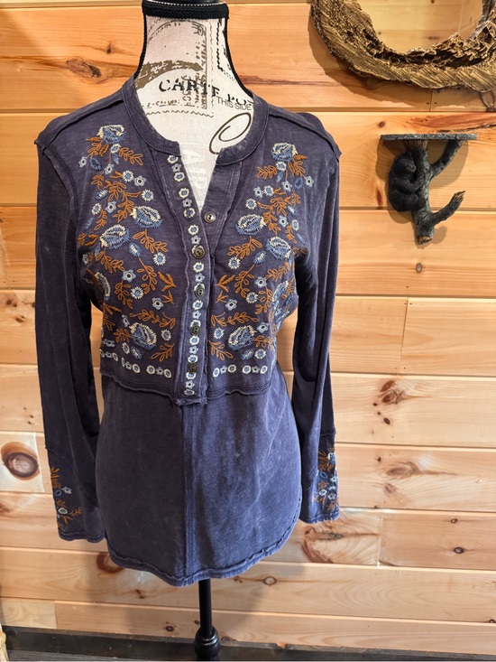 Reba Tops - Reba Embroidered Long-Sleeve Henley Blouse — Slate Blue